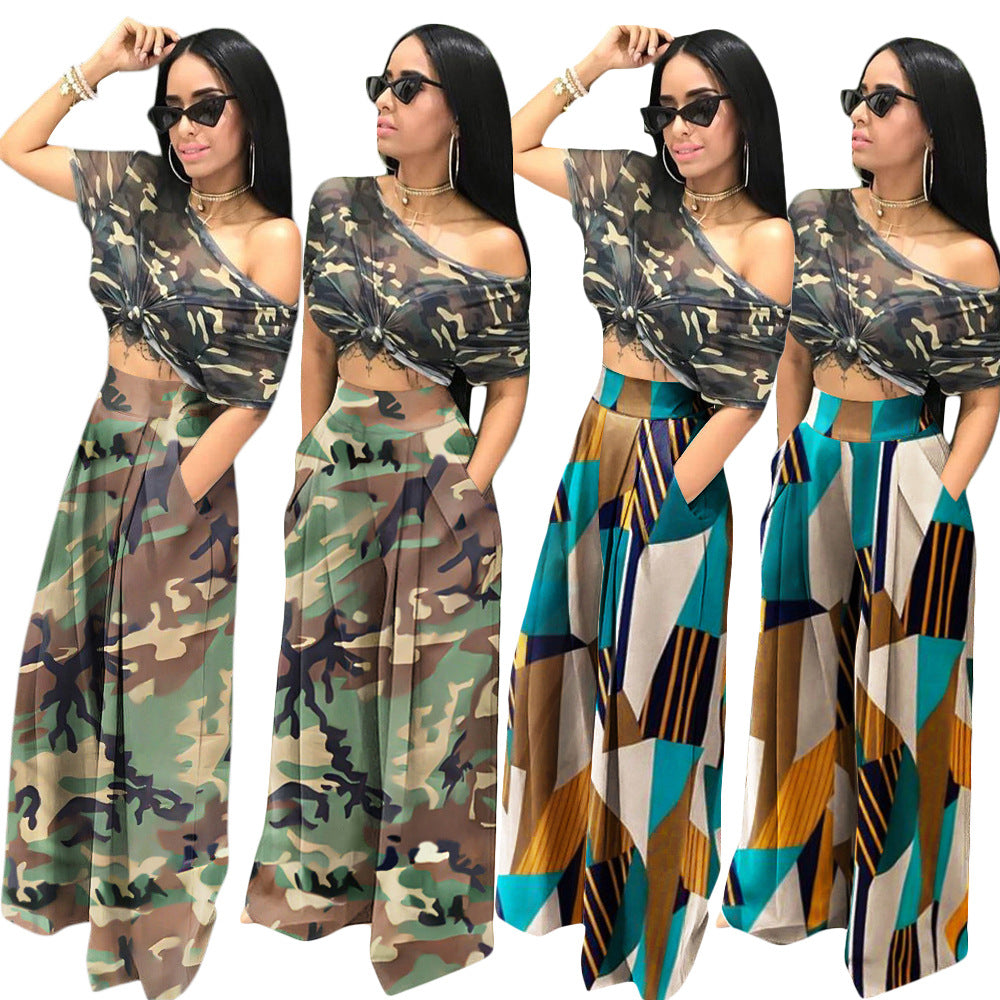 Women's Camouflage Printing Elastic Waist Wide Leg Pants Casual