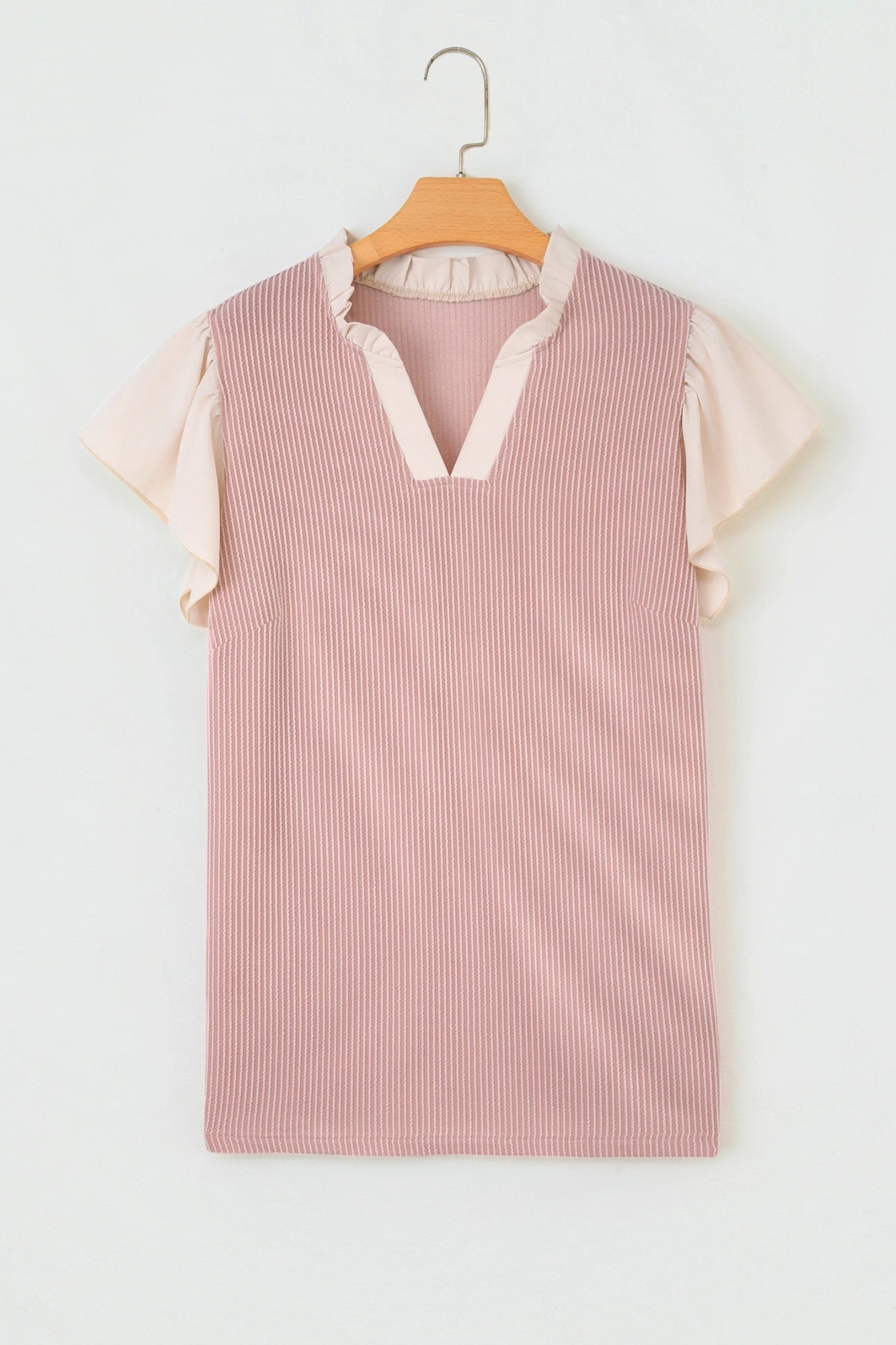 Light Blue Plus-Size Contrast Ruffle-Trimmed Collar Short-Sleeve Ribbed-Texture Shirt