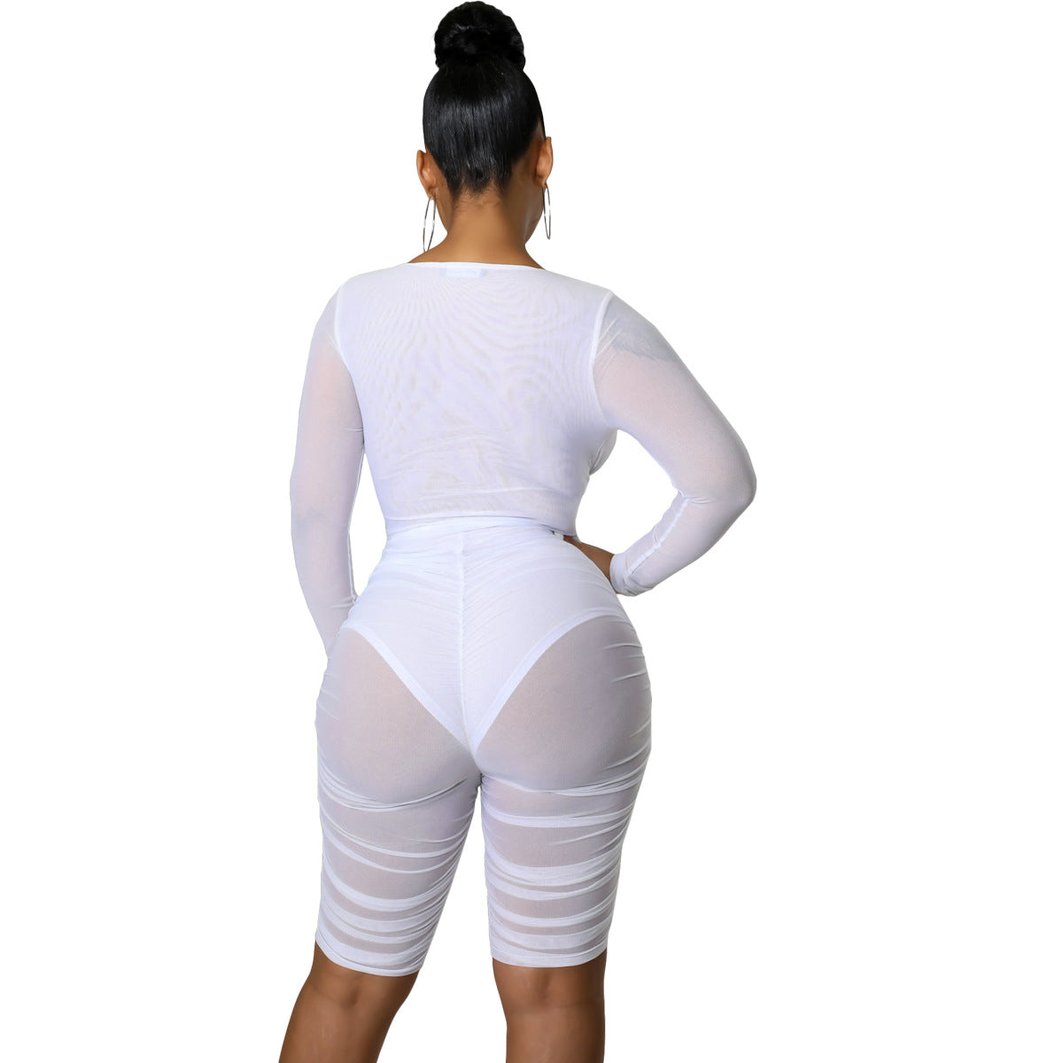 Mesh Panel Pleated Chest Wrap Casual Jumpsuit