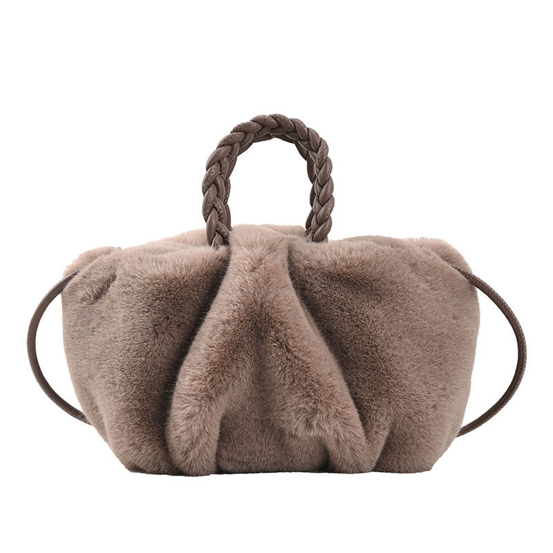 Plush Pumpkin Fur Pleated Shoulder Bag