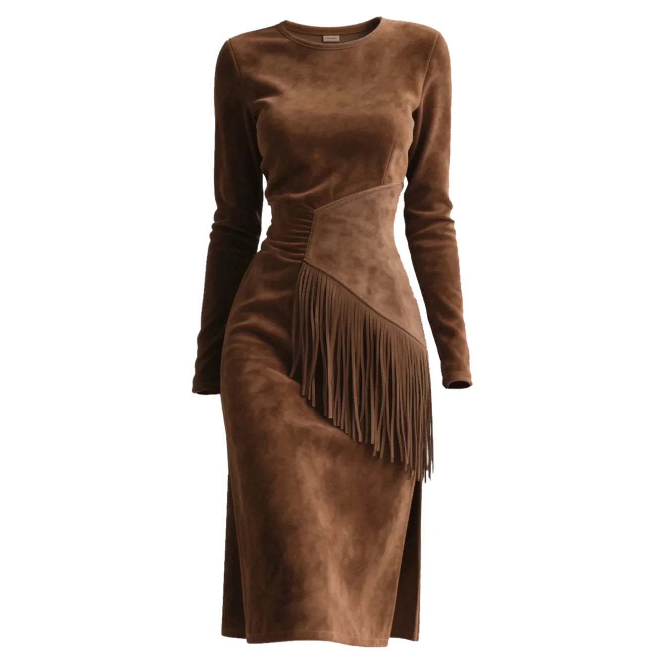Outdoor Retro Western Style Women's Suede Tassel Long Sleeve Round Neck Dress