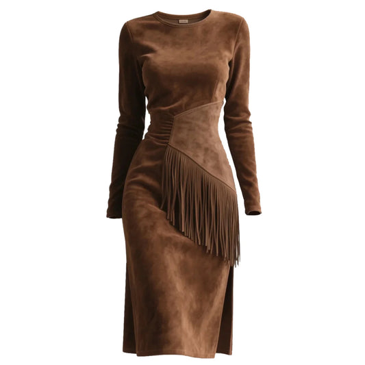 Outdoor Retro Western Style Women's Suede Tassel Long Sleeve Round Neck Dress