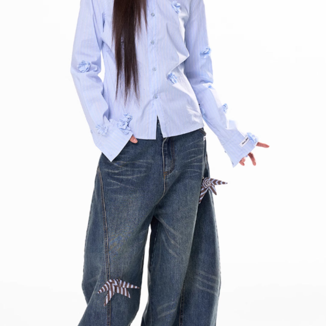 Cotton Long Sleeved Striped Shirt For Women, Loose Fit Slim Fit Shirt