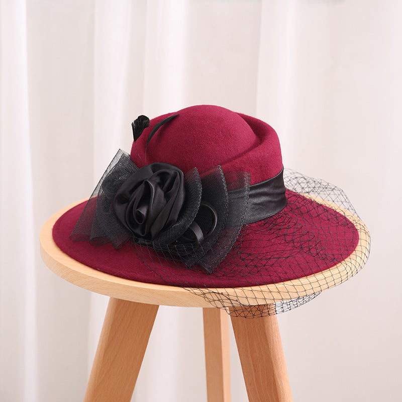 Large Eaves Wool Felt Wool Hat Autumn And Winter Banquet Ladies Warm Mesh Yarn