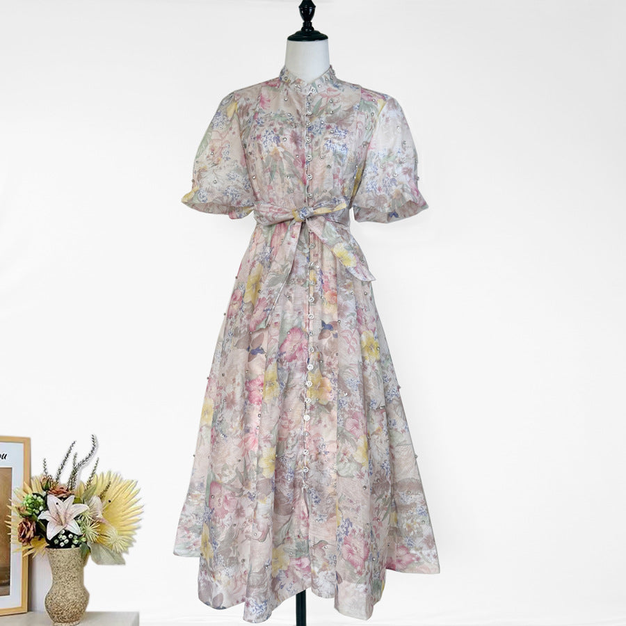 Womens Vintage-Style Floral Print Cinched Waist Dress