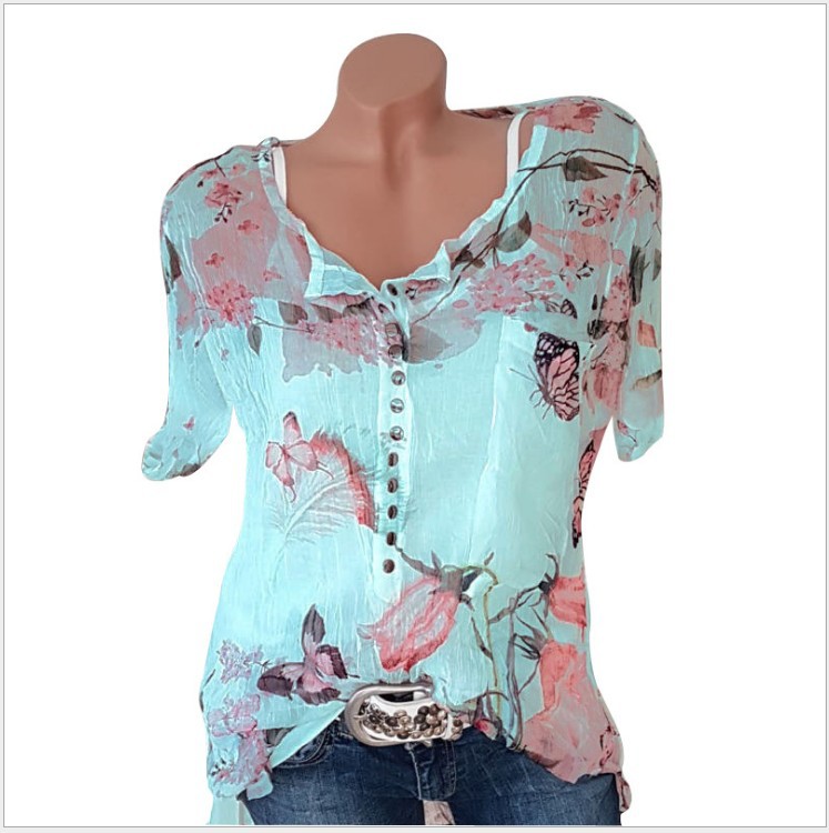 Short Sleeve Printed Shirt Button Top Chiffon Shirt