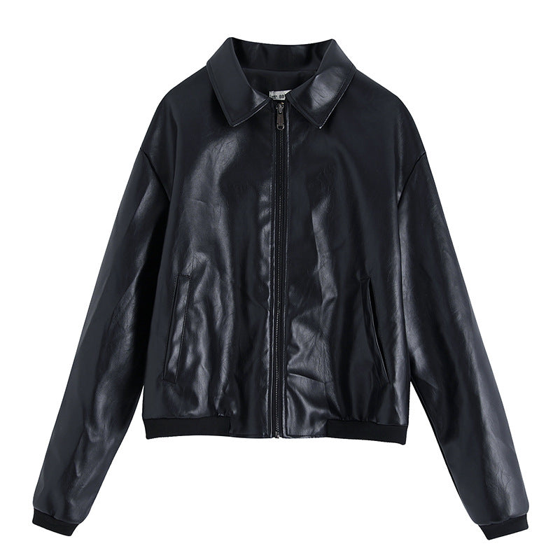 European And American Style Women's PU Lapel Top Short Faux Leather Jacket