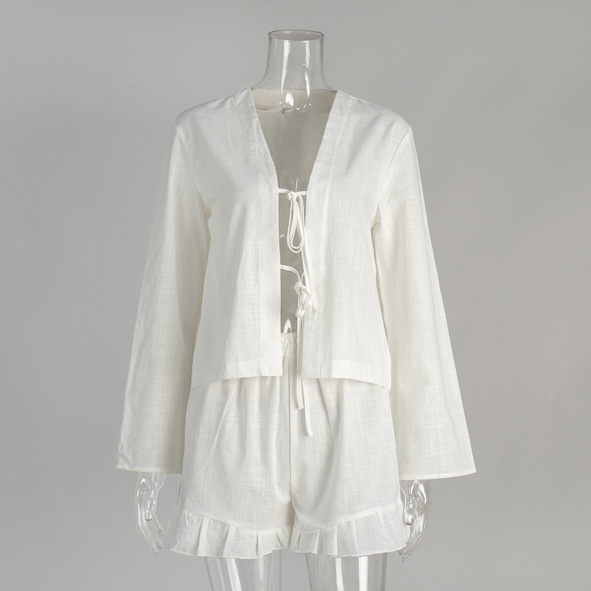 Womens Cotton Lace-Up Cardigan And Shorts Set