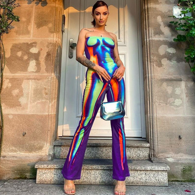 Womens Summer Strapless Off-Shoulder Multi-Color Printed Bodycon Hip-Lifting Jumpsuit With Pants