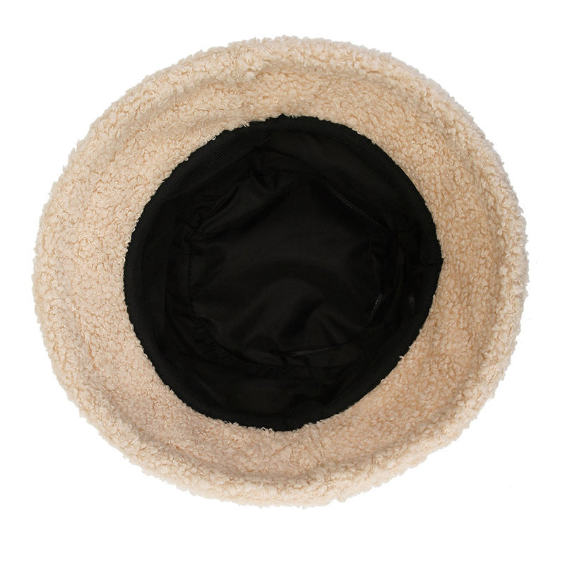 Internet Celebrity Same Style Lamb Wool Bucket Hat Female Korean Style Letter Embroidery Simple All-match