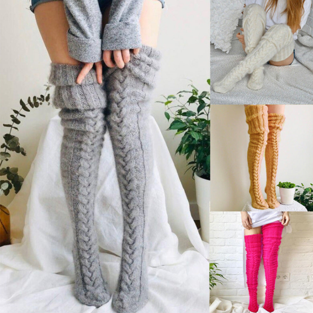 Solid Color Over Knee Stockings Bunching Socks Thick