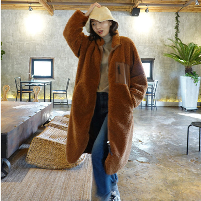 Stand Collar Color Matching Lambswool Two-sided Zipper Coat