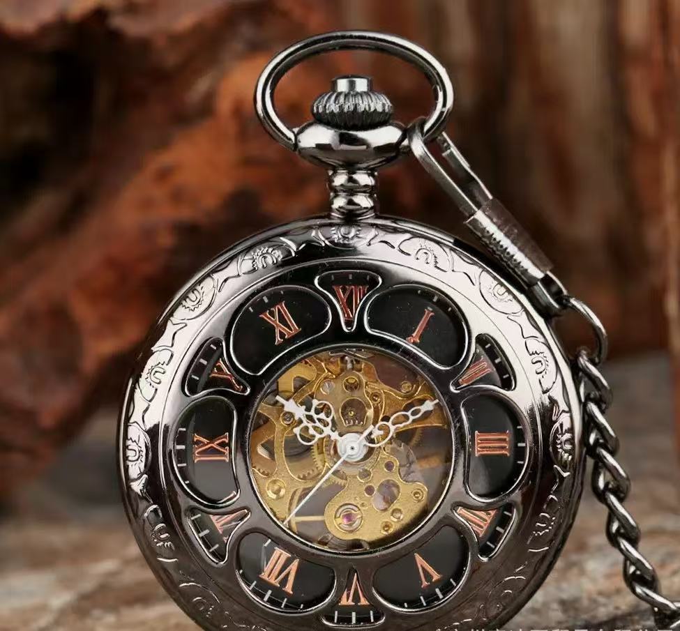 Gun-black Petal Blue-dial Mechanical Pocket Watch