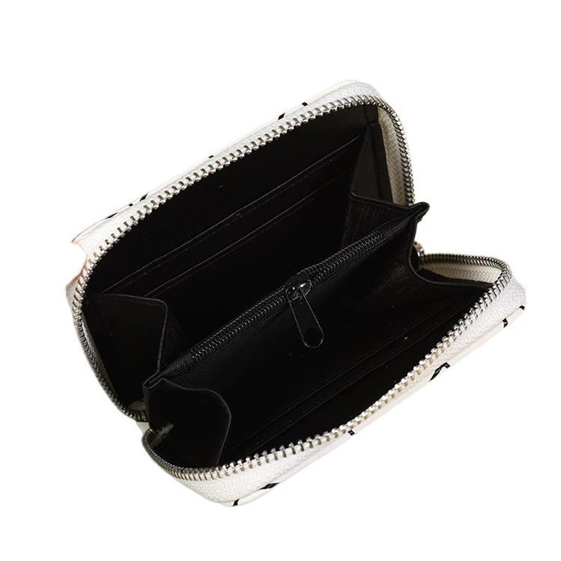 Simple Black And White Women's Purse Diamond Shaped Short PU Wrist Strap Zipper Large Capacity