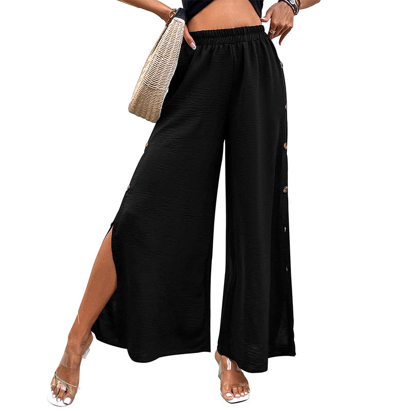 Black Wide-leg Split Pants For Women Loose-fitting For Summer