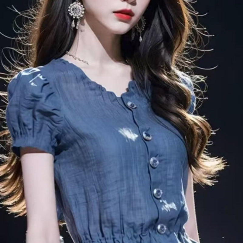 Summer French Blue Puff Sleeve Short Shirt