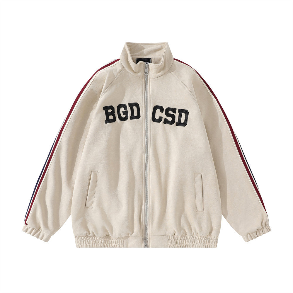 Three Bars Sports Loose Stand Collar Coat Men