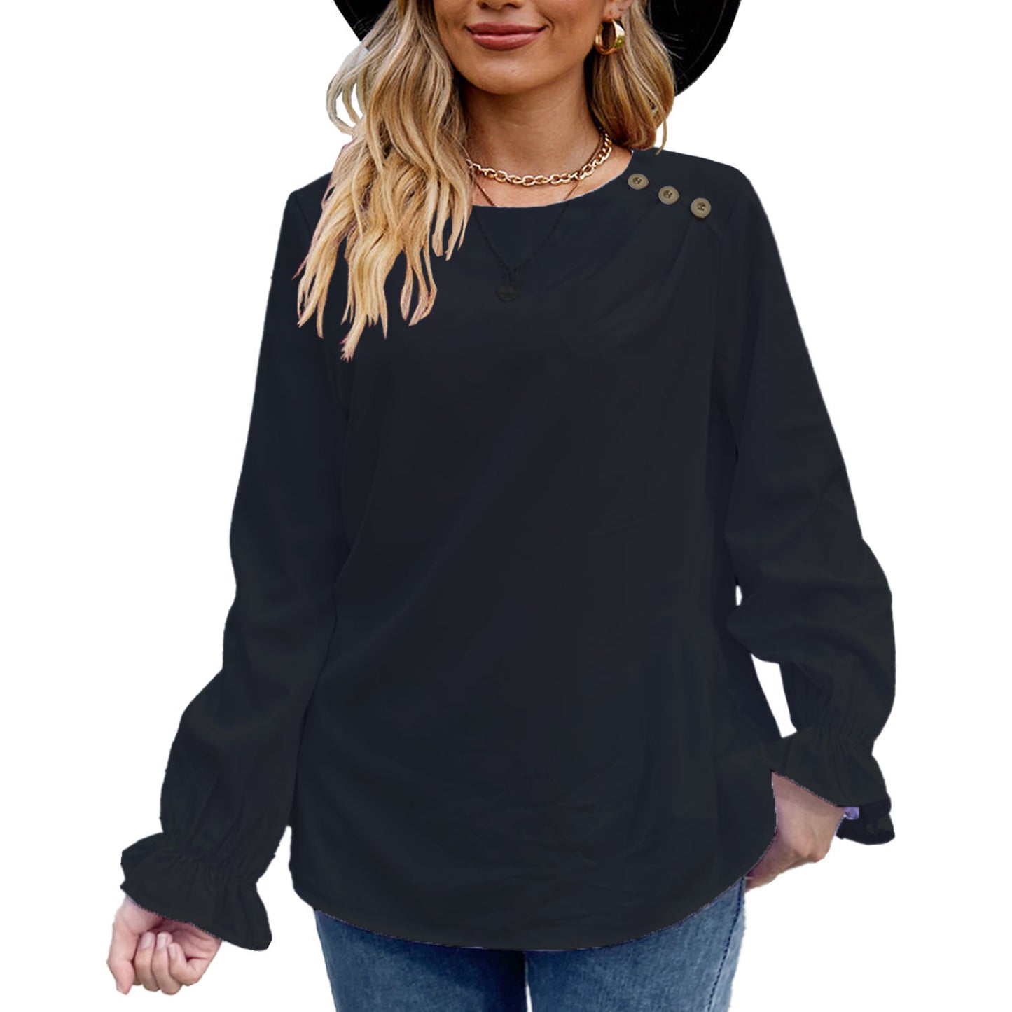 European And American Solid Color Buttons Loose Round Neck Long Sleeve Shirt