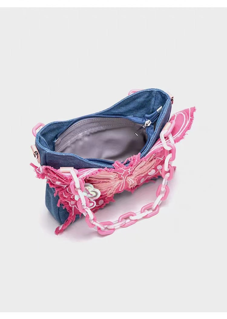 Original Denim Butterfly Contrast Color Acrylic Chain Shoulder Messenger Bag