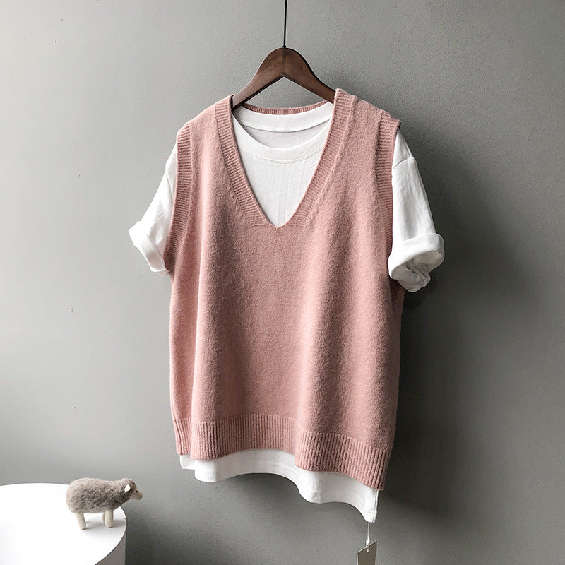 Preppy Style V-neck Loose And Idle Sleeveless Waistcoat BX045
