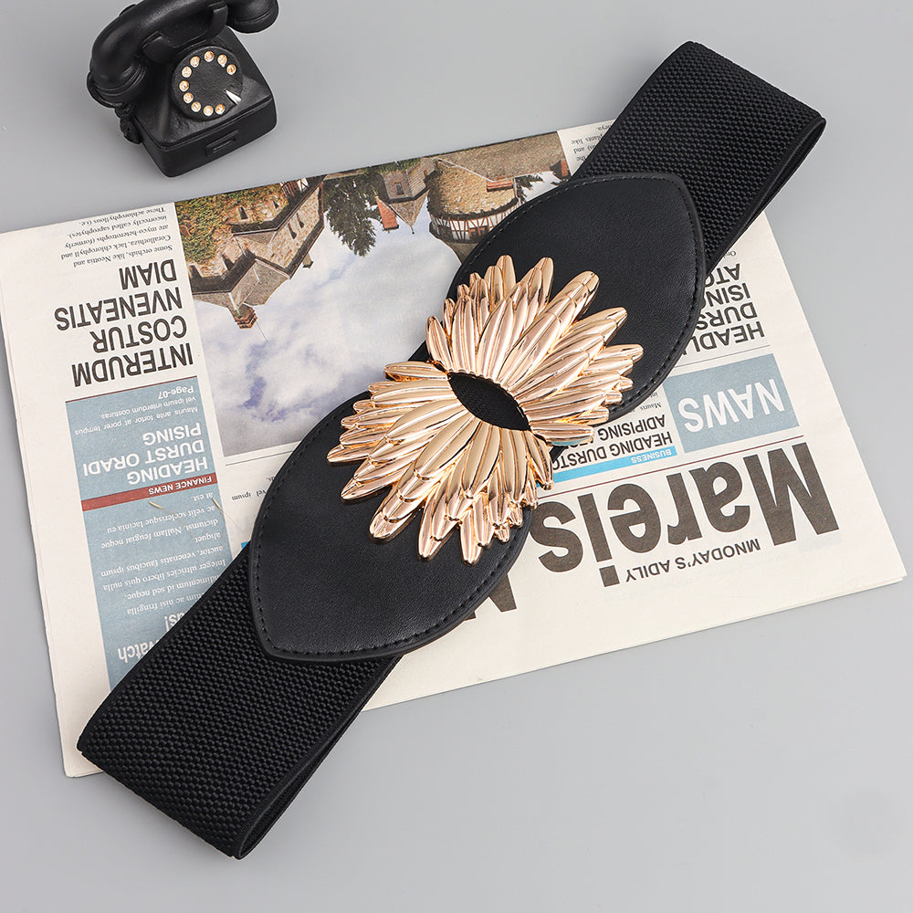 New Autumn Winter Black Elastic Waistband Sunflower Alloy Buckle Waist Cover All Match Slim Elegant Design Decorative Coat