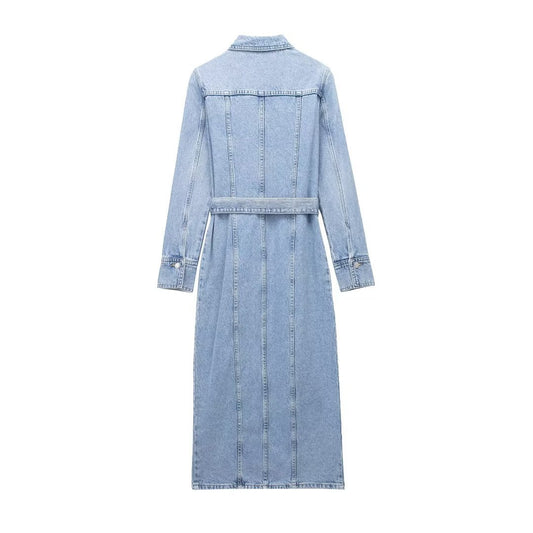 Womens Distressed Long-Sleeve Denim Belted Dress