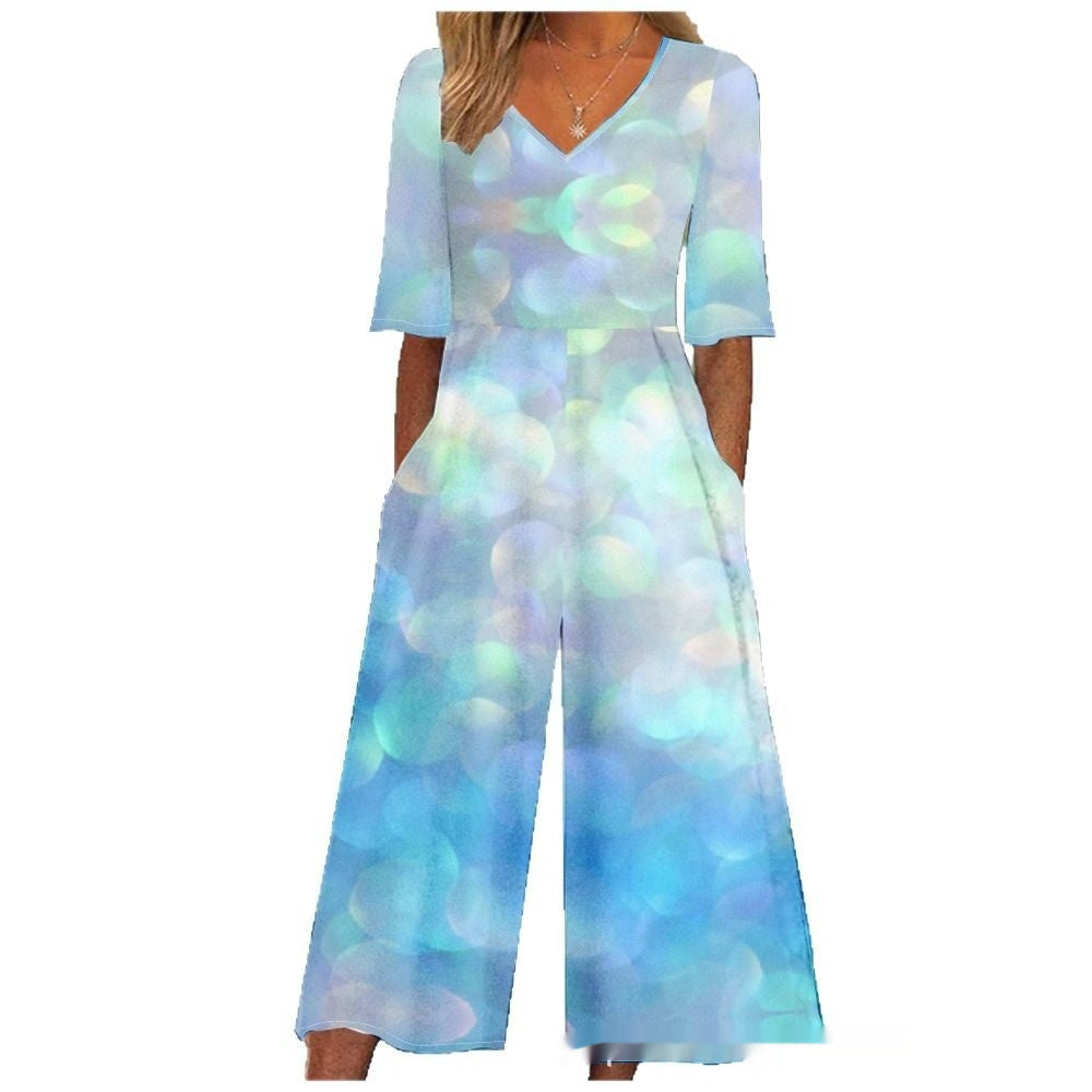 Summer Elegant V-Neck Jumpsuit With Three-Quarter Sleeves And Wide Legs