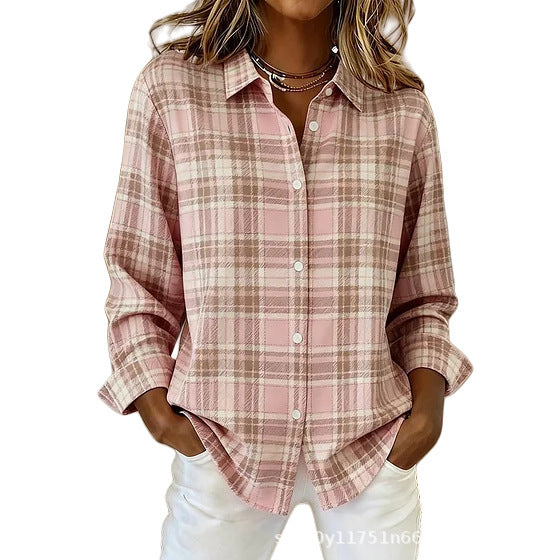 Womens Plaid Floral Print Long-Sleeve Blouse