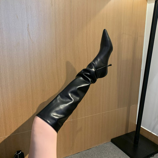 Stretch One-step Pile Of Long Leather Boots