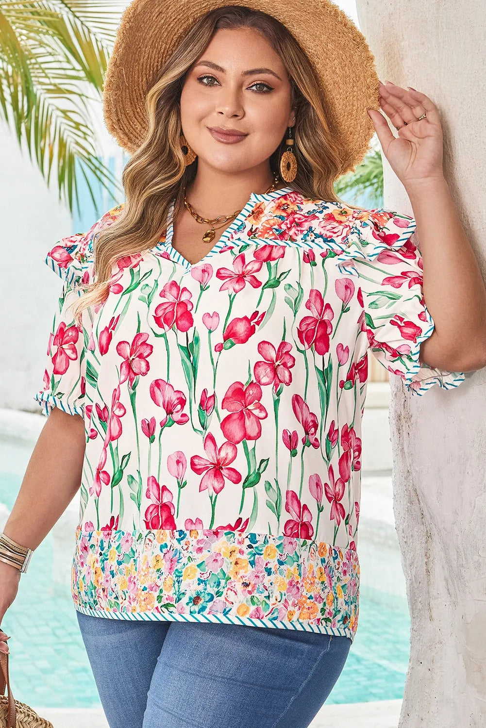 Plus Size Floral Print Striped Trim V Neck Blouse