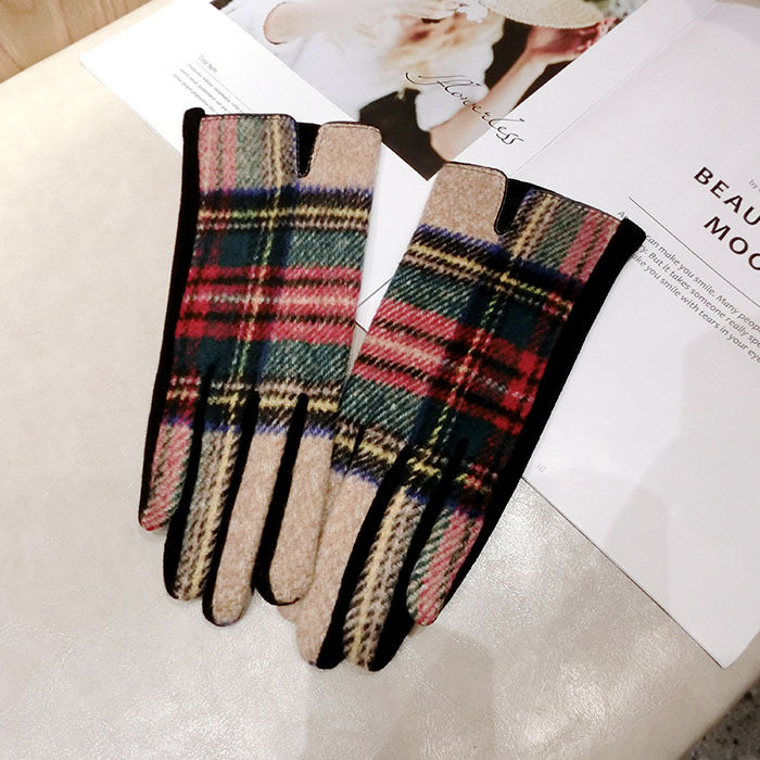 Color Plaid Wool Plus Velvet Thick Five-finger Gloves