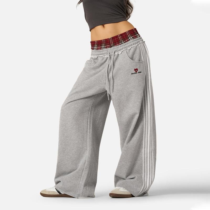 Casual Patchwork Plaid Loose Wide-Leg Pants