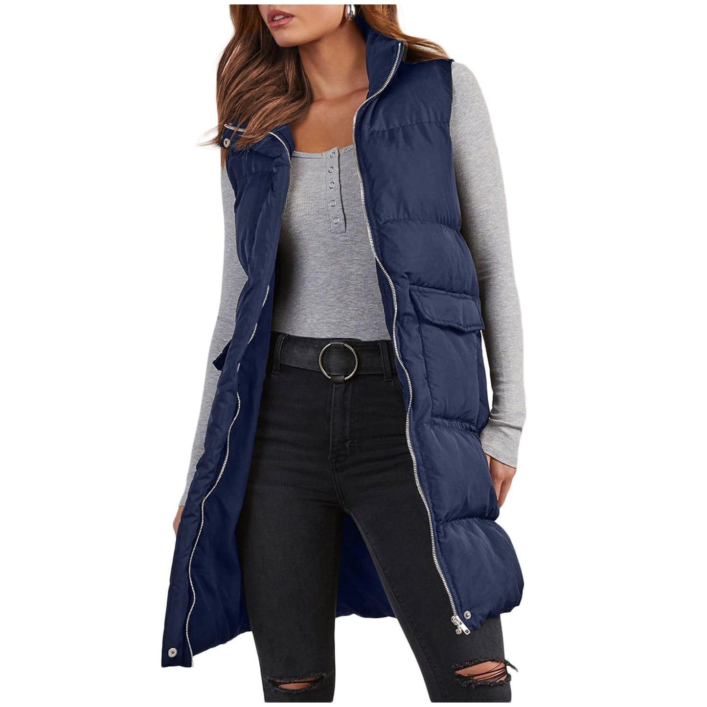 Polyester Hooded Single-breasted Mid-length Cotton Clothing Vest
