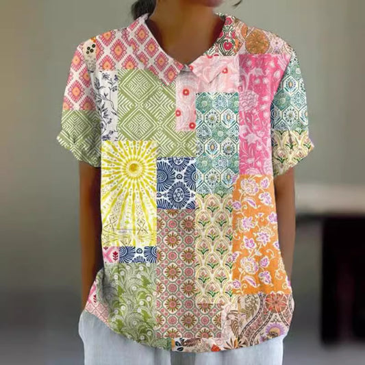 Kvinders blomstret broderi national stil print revers kortærmet