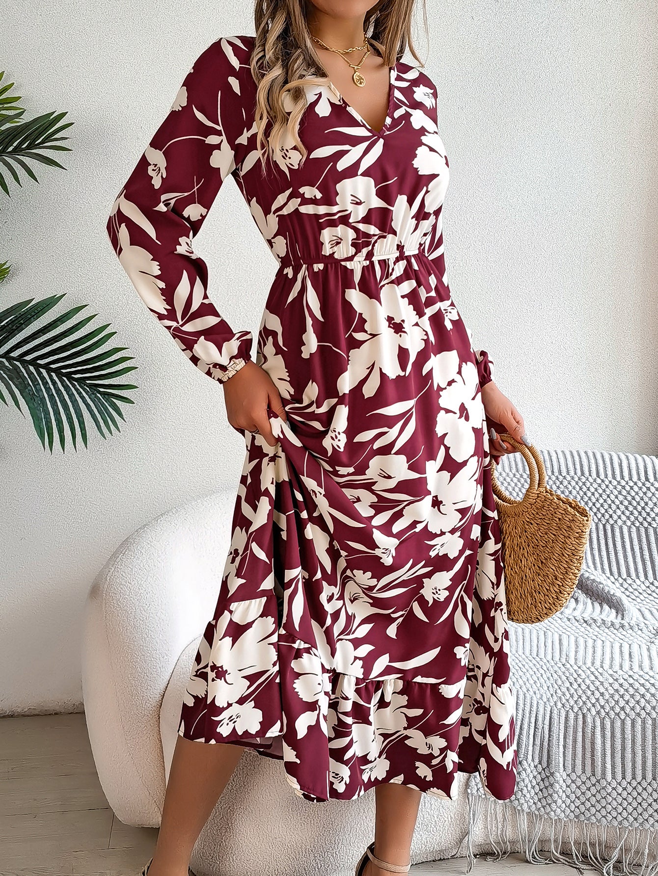 Dame Casual Blomstret Slå Om-kjole Med Lange Ærmer Og Flæser