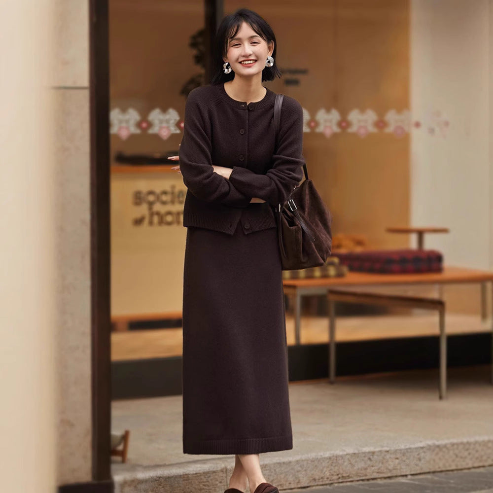 High-grade Temperament Crew Neck Wool Knit Cardigan Suit Skirt Women's Loose Two-piece Suit Sweater Cardigan Skirt