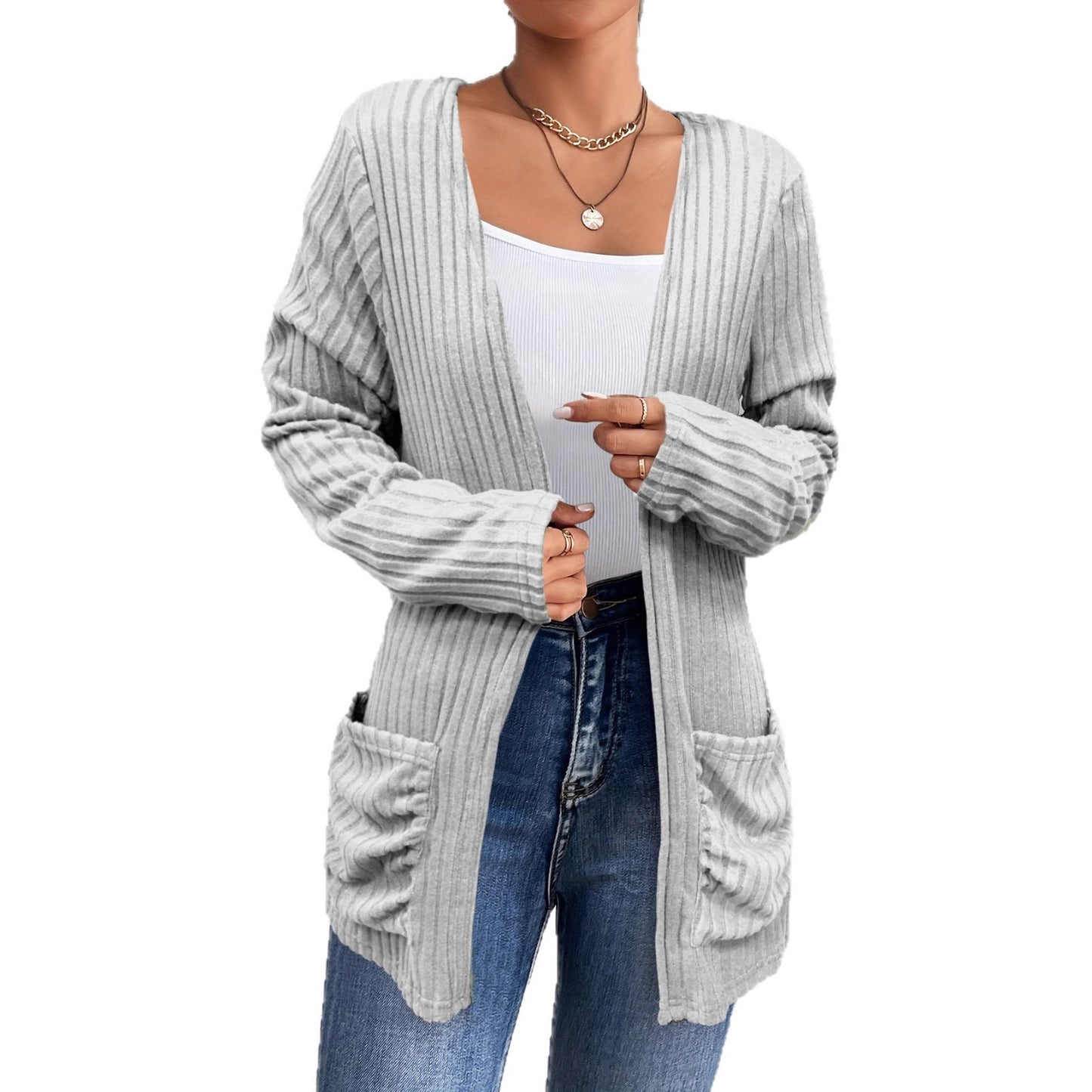 Solid Color Rib Fabric Brushed Pocket Cardigan Long Sleeve Coat