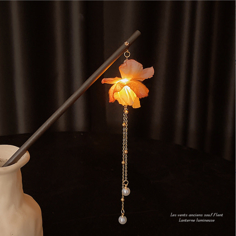 Ancient-style Tassel Hairpin Glowing Lantern Silk Flowers