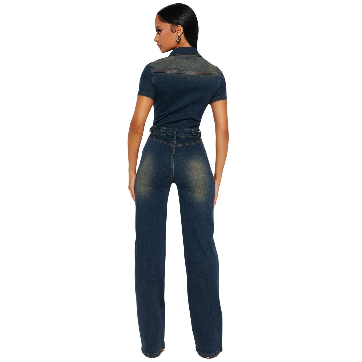 Tight Waist Slim Elastic Washed Denim Jumpsuit