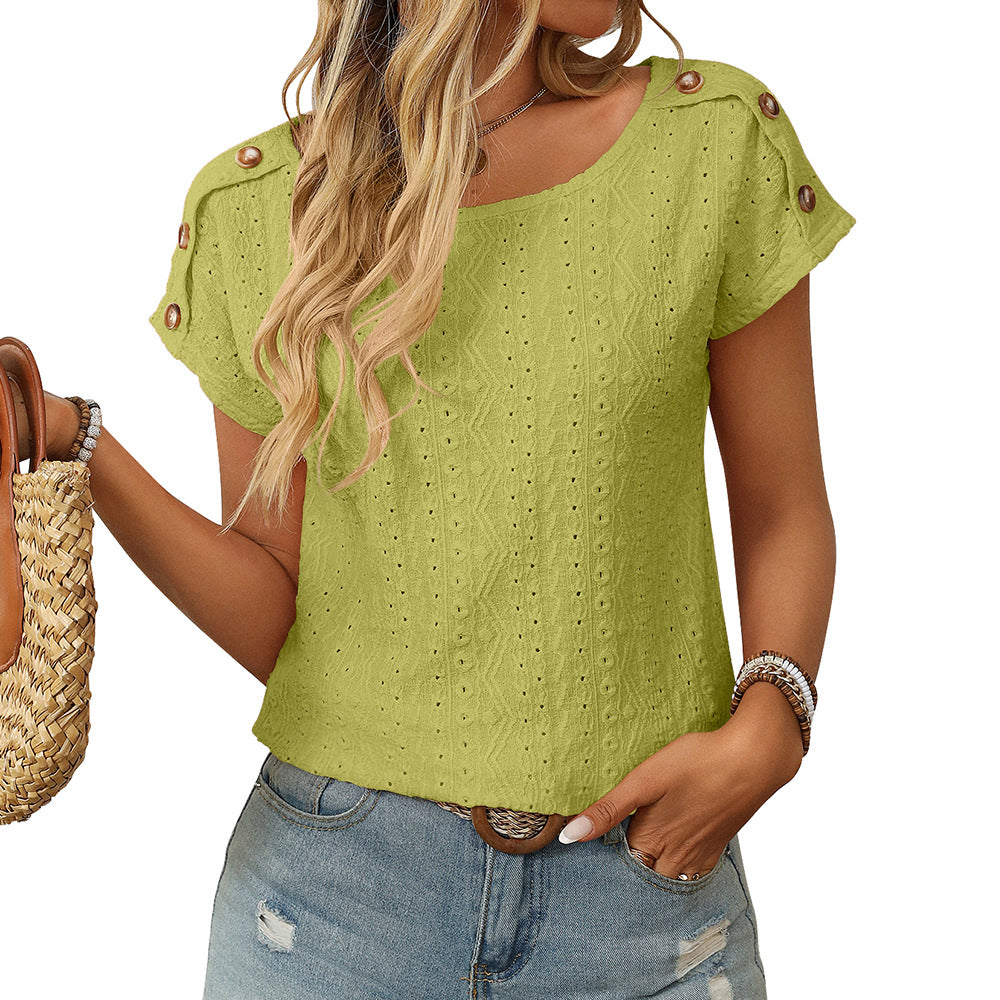 Womens Crew-neck Hollow-out Short-sleeve T-shirt
