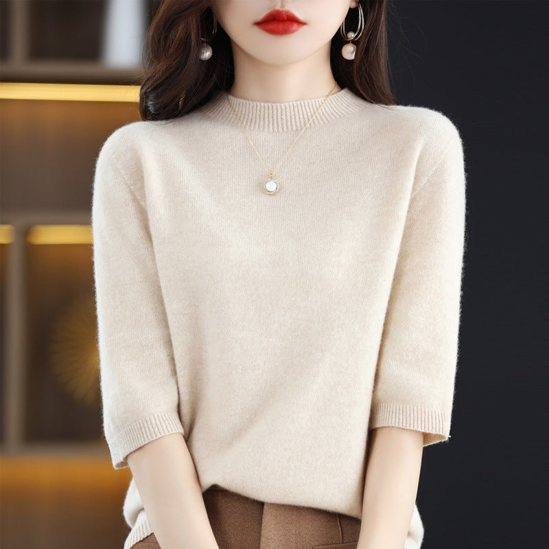 Pure Wool Women's Half Turtleneck Short Pullover Base Knitwear Three-quarter Sleeve Sweater