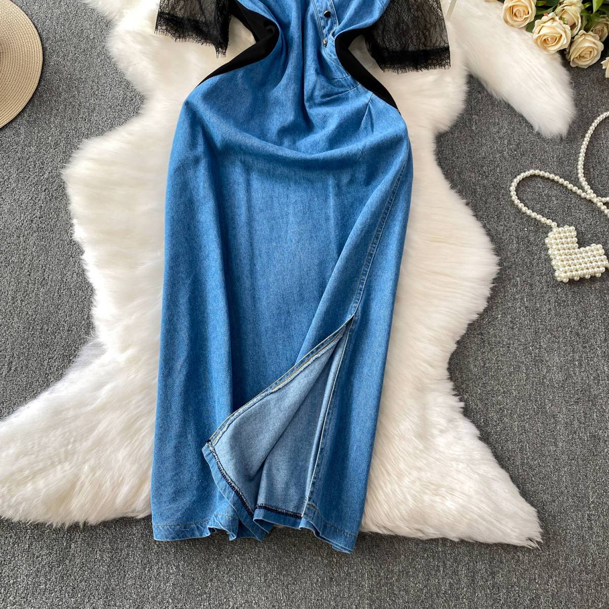 Cross V-neck Lace Stitching Dress