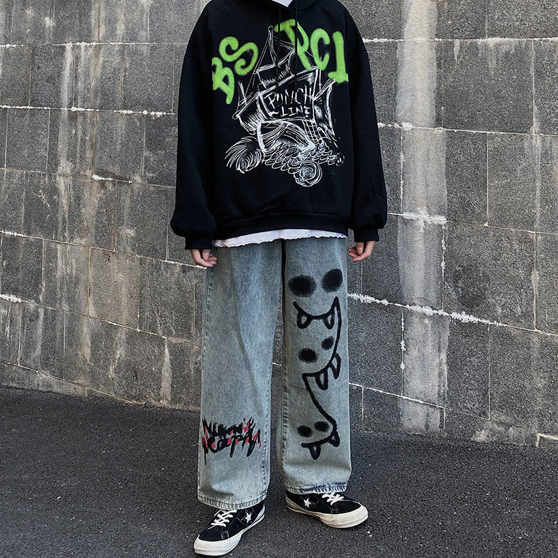 High Street Hip-hop Graffiti Print Loose Drape Mopping Straight Casual Denim Trousers For Men And Women