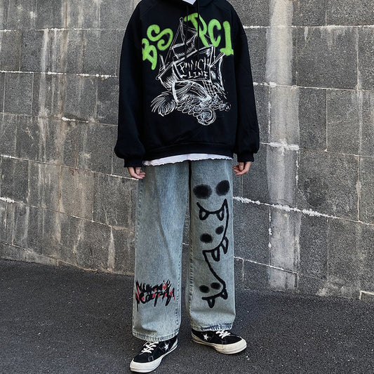 High Street Hip-hop Graffiti Print Loose Drape Mopping Straight Casual Denim Trousers For Men And Women