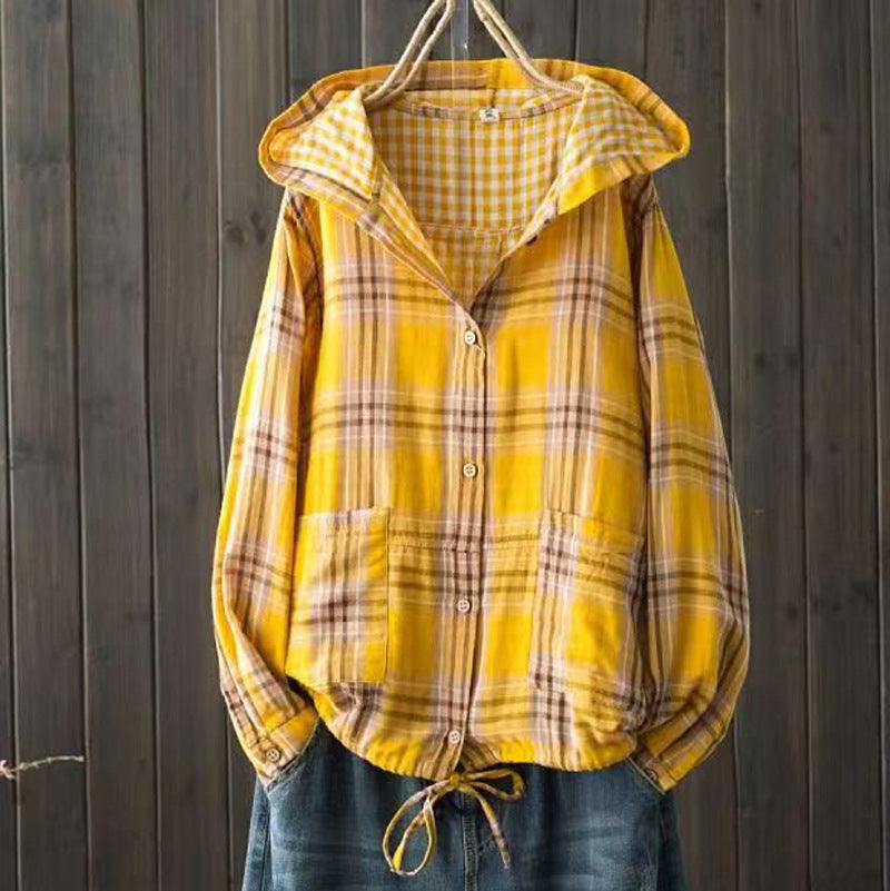 New Korean-style Oversized Artistic Retro Casual Plaid Cotton-linen Double-layer Shirt With A Hood