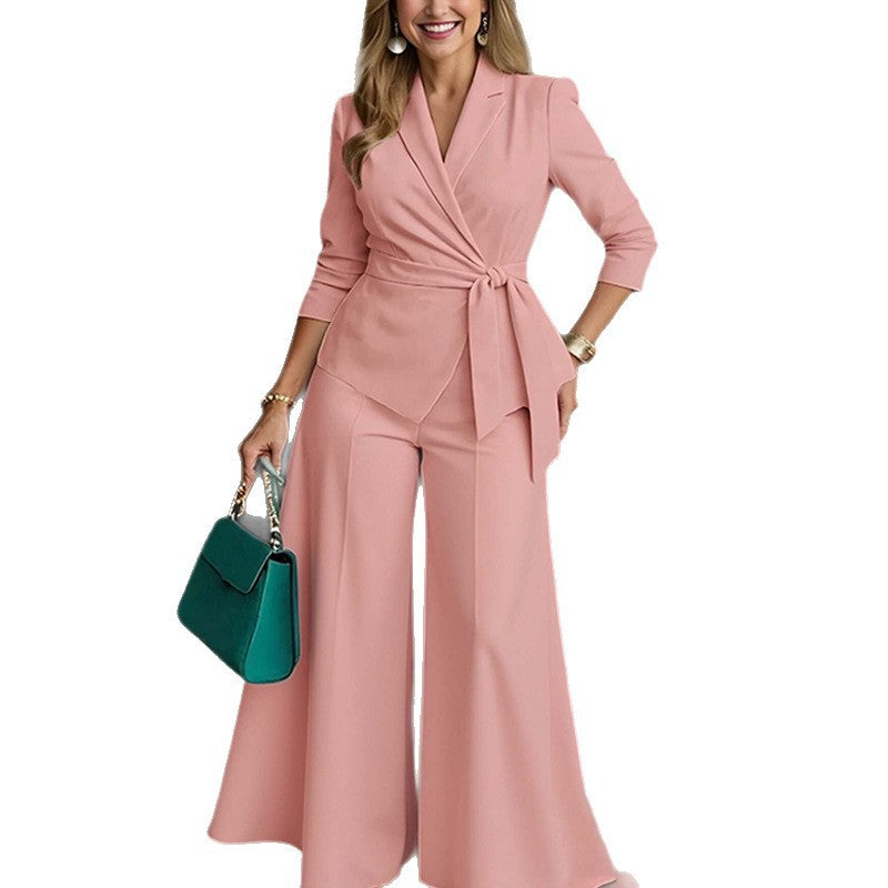 Long-Sleeve Casual Minimalist Pants With Lace-Up Top Two-Piece Set