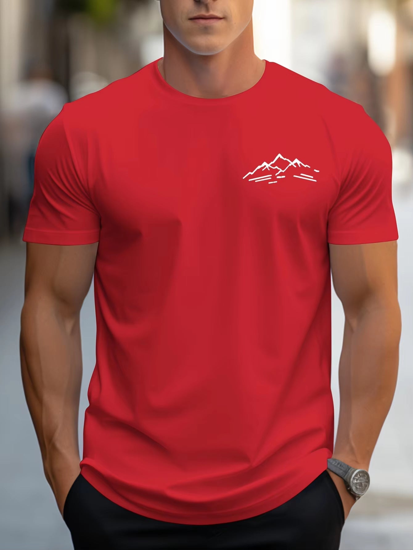 T-shirt med rund hals og korte ærmer i bomuld og afslappet pasform med bjergprint til sport