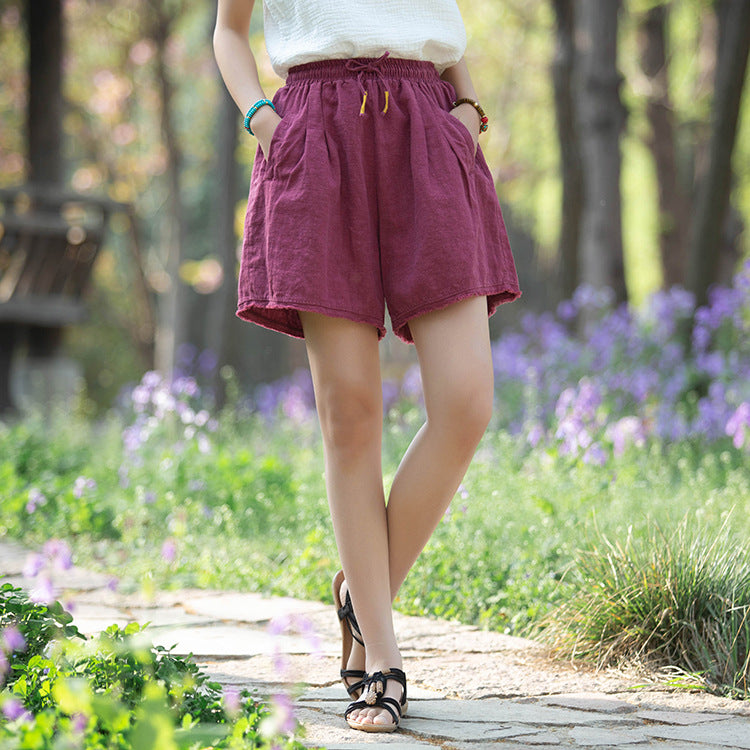 Vintage Raw-edged Drawstring Casual Loose Linen Five-point Wide-leg Pants