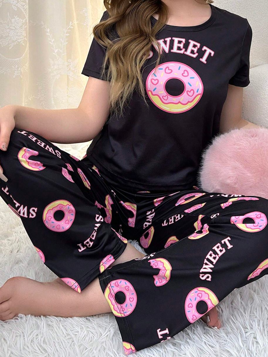 Home Round Neck Printed Short Sleeve T-shirt Top And Trousers Suit