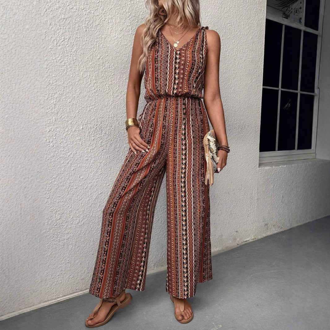 Casual Striped Printed Jumpsuit With Straps And Elastic Waist